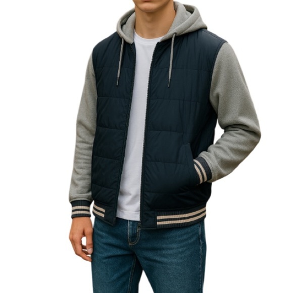 American Eagle Men’s Puffer Varsity Bomber Jacket Navy Blue Grey Lightweight XL - Picture 1 of 12